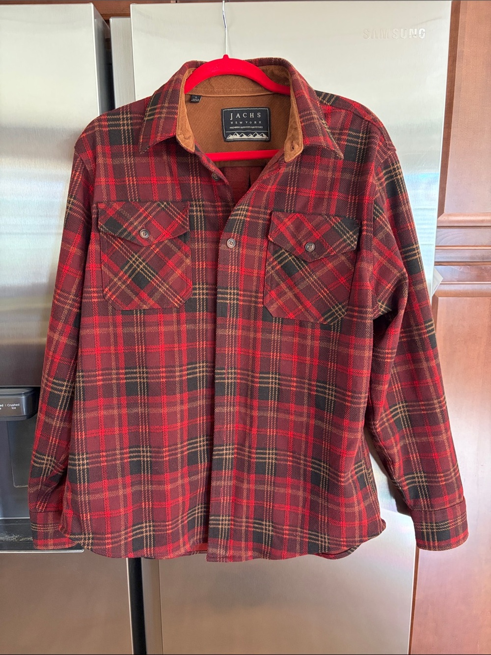 Jachs Brown and Red Plaid Corduroy-Trim Shirt Jacket
